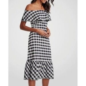 Ann Taylor Gingham Off Shoulder Ruffle Sheath Dress Black White Size 2 NWT